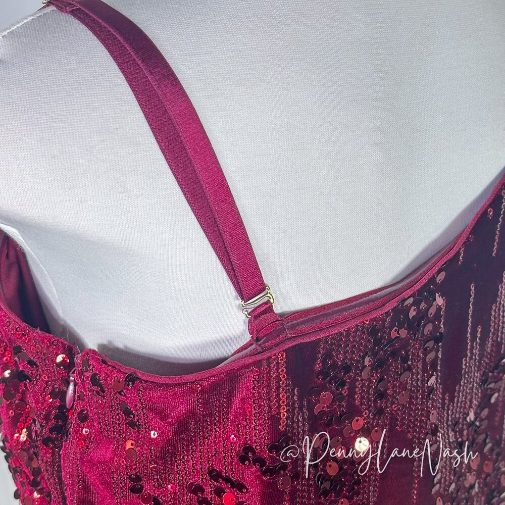 Kensie One-Shoulder Fit & Flare Sequin Velvet Formal Dress Burgundy - Picture 9 of 15